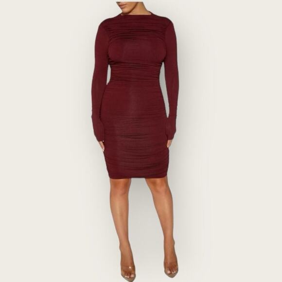 NWT | Naked Wardrobe | Ruched Long Sleeve Dress | Wine | Various Sizes - Picture 1 of 13